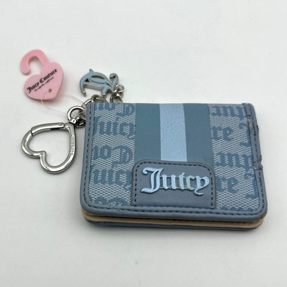 Juicy Couture Blue Pink Keychain Card Holder ID Wallet Heart Clip
